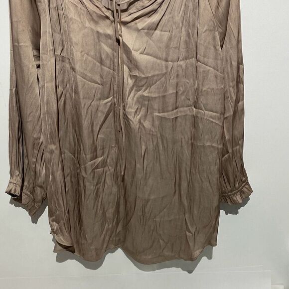Carmen Marc Valvo Women's Taupe Tan Ruffles Neck Tie Satin Blouse Top Large - Picture 2 of 8